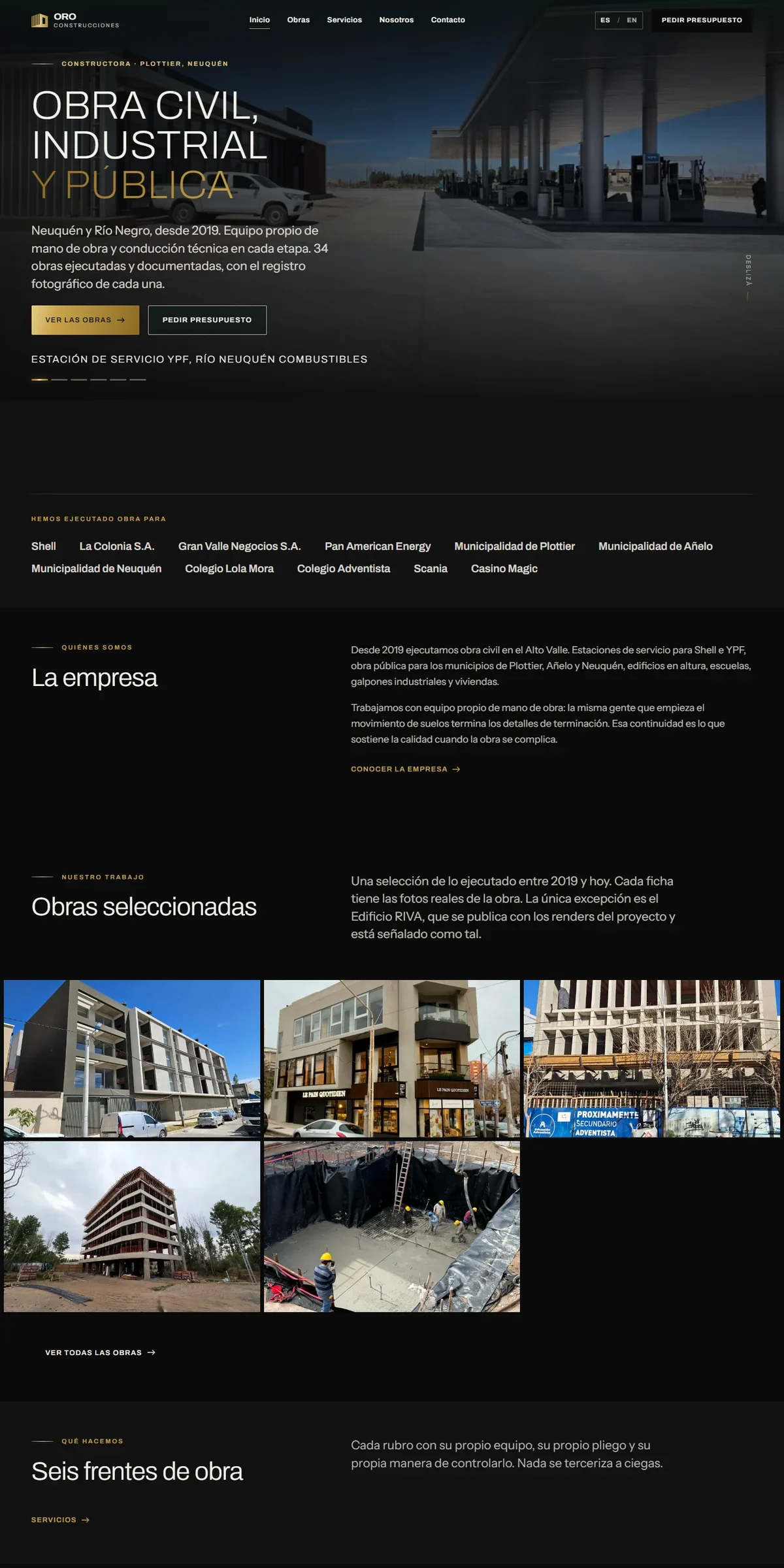 Captura completa del sitio de ORO Construcciones: portada con foto de obra, números y grilla de obras.